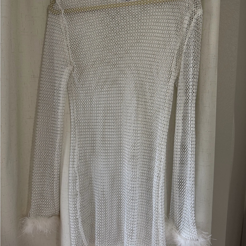 12th Tribe White Mesh Mini Dress with Fur Trim - Picture 2 of 2